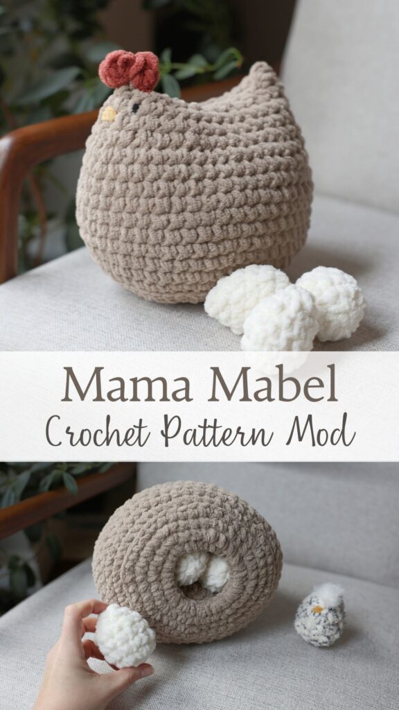 Mama Mabel siting on a chair with crochet eggs, second image showing eggs inside the pocket on the base of the chicken. 