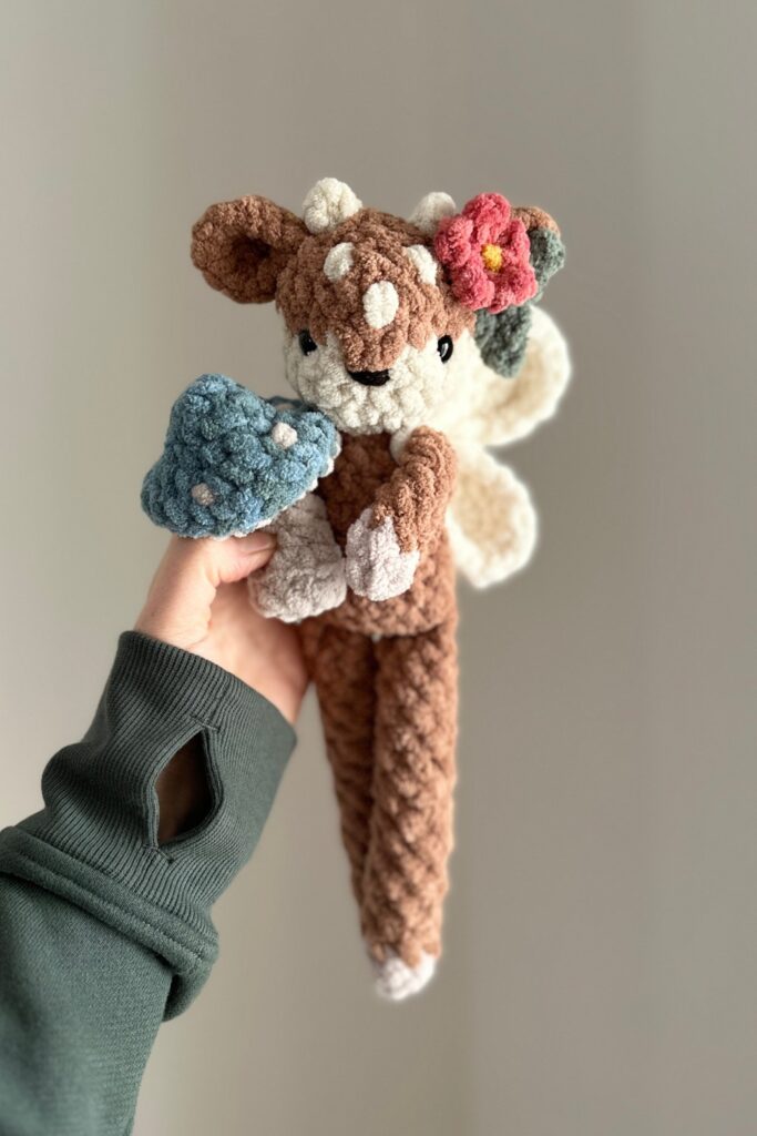A hand holding a crocheted bunny with wing and mushroom modification.