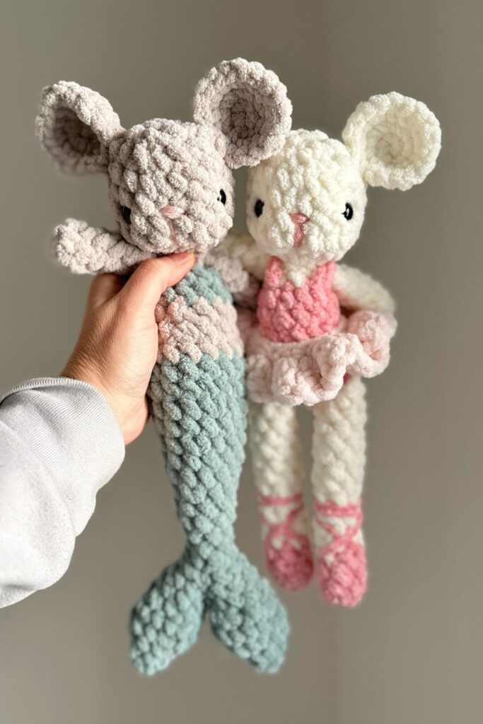 Hand holding crocheted mermaid bunny and ballerina bunny.