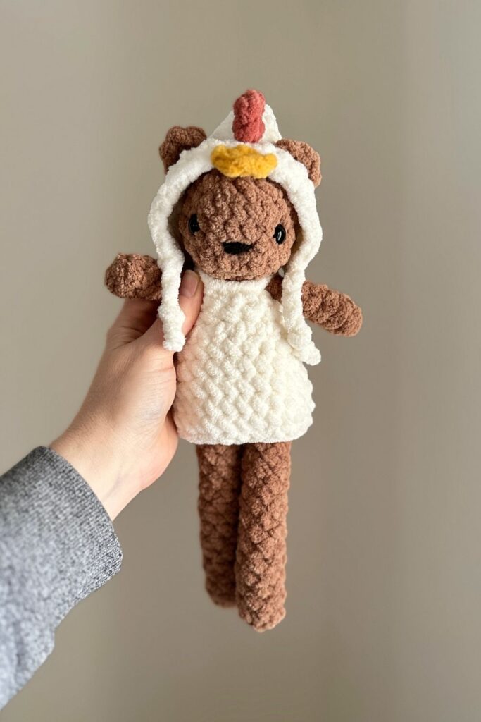 Completed photos of Finn's chicken hat and outfit.