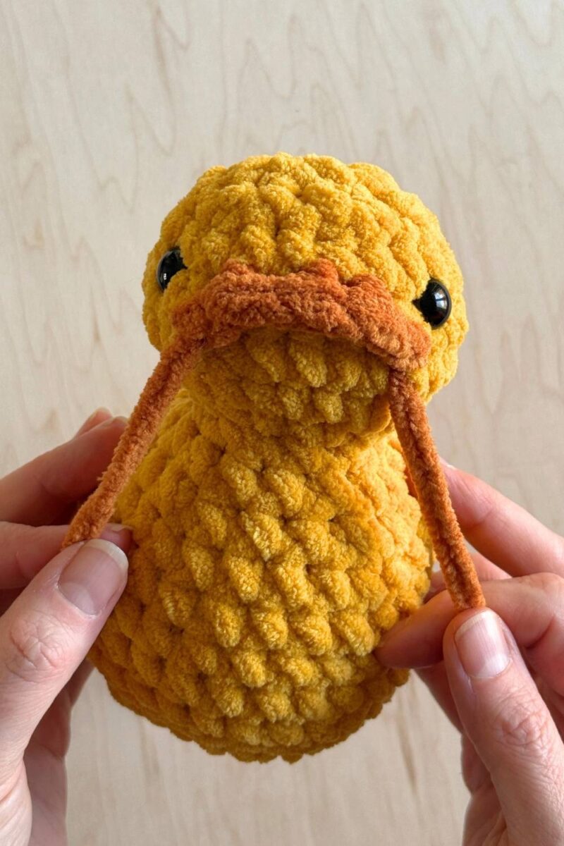 Hands holding the almost completed crochet duck with beak ends out.
