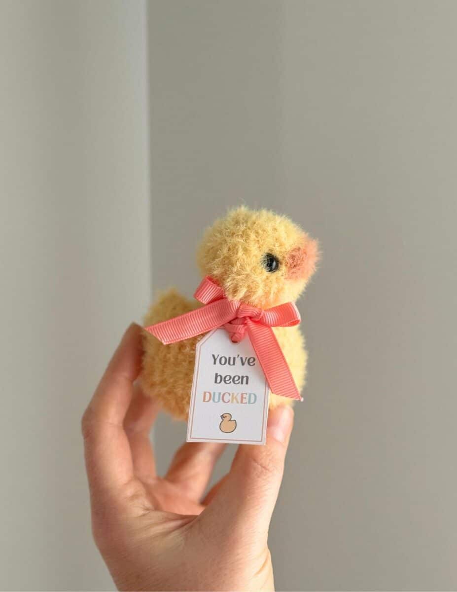 Hand holding a fuzzy yellow crochet duck with a tag saying You've been Ducked. 