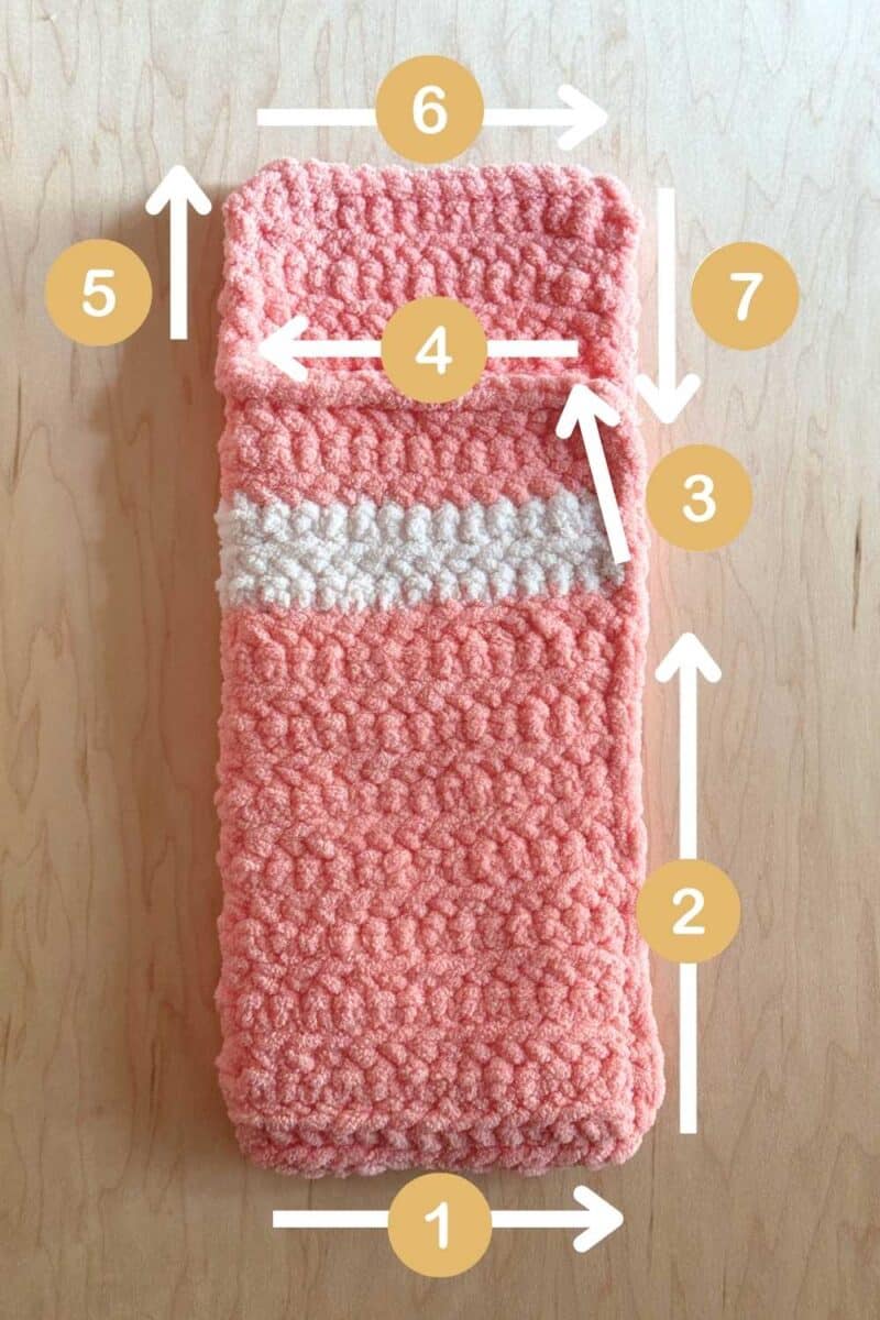 A diagram showing the direction that will be crocheted around the perimeter of the sleeping bag.