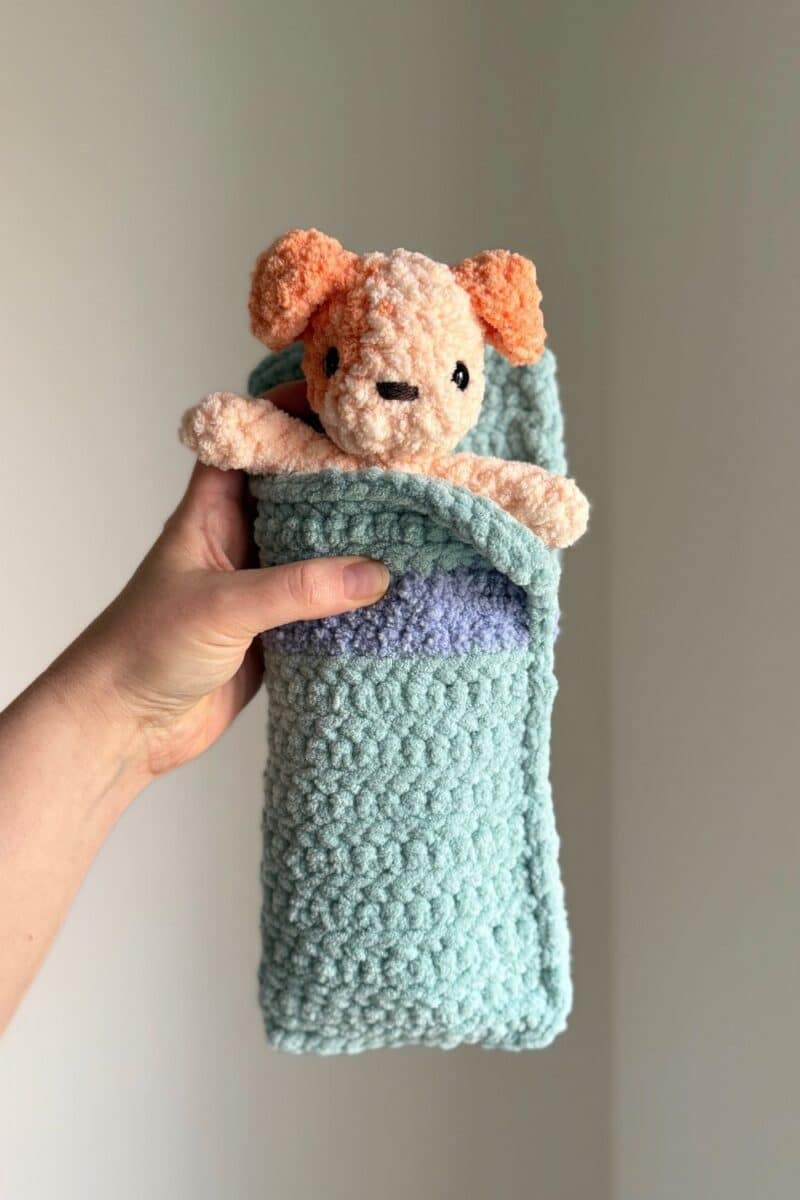 Hand holding an orange crochet dog in a teal crochet sleeping bag.