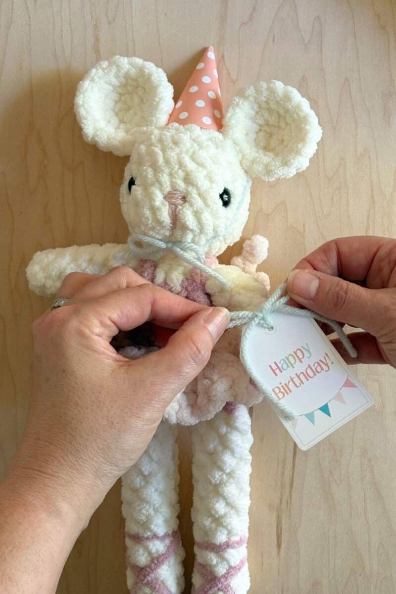 Image showing how to thread the yarn through the birthday tag to attach to a crochet animal. 