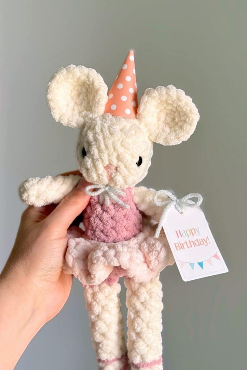Finished crochet animal with party hat and printed tags attached. 