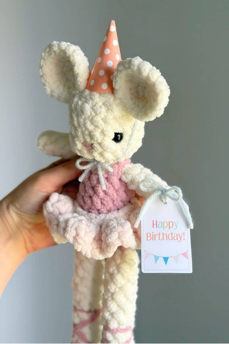 Hand holding a crochet mouse dressed in ballet clothing with a birthday party hat and tag attached with yarn. 