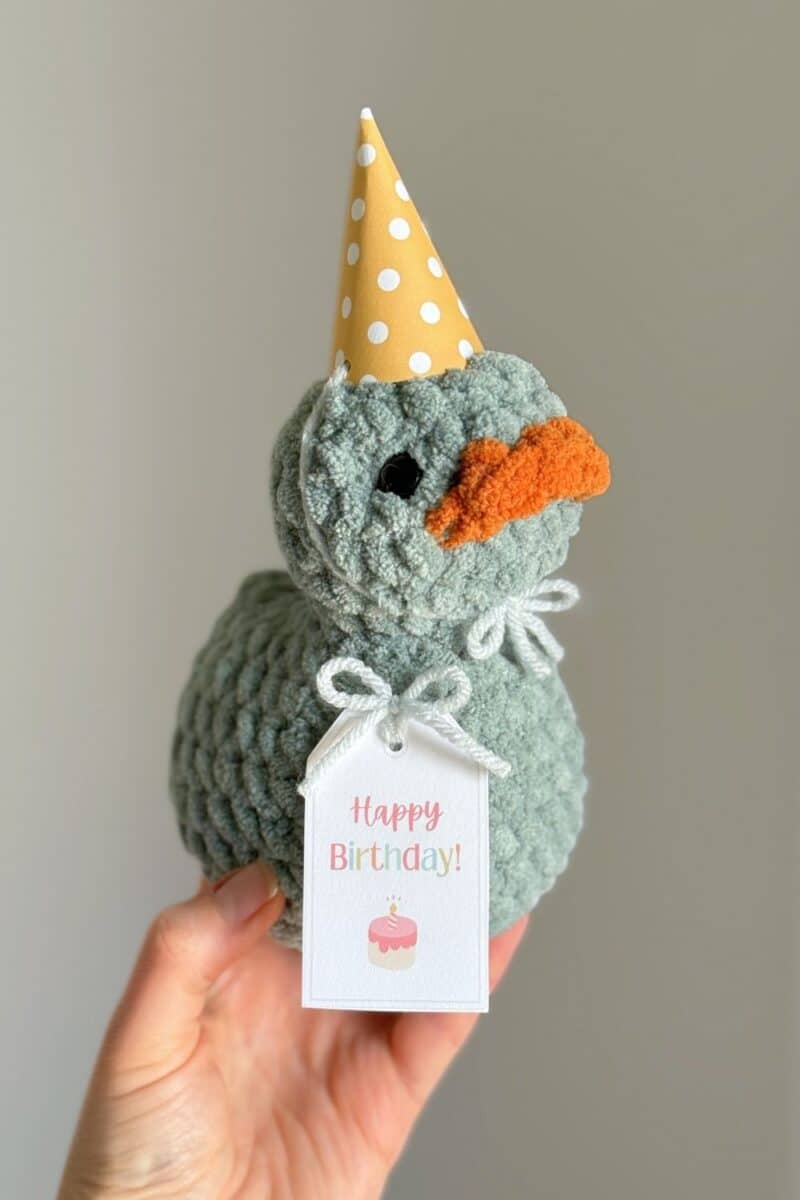 Hand holding a crochet green duck wearing a birthday hat and a tag.