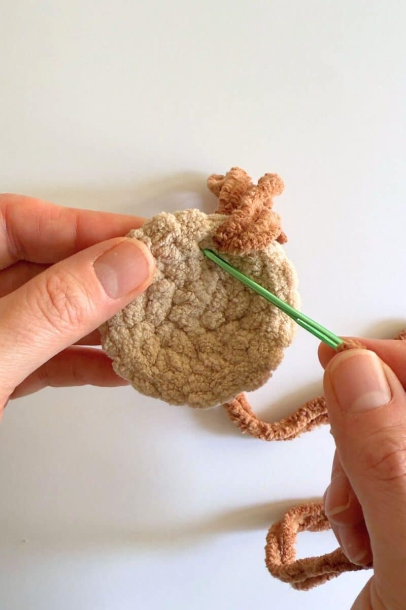 Last step for completing the 1st chocolate chip added to the crochet cookie.