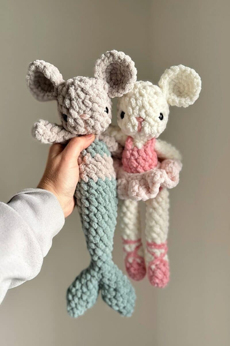 Two crochet mice, one with a mermaid tail.