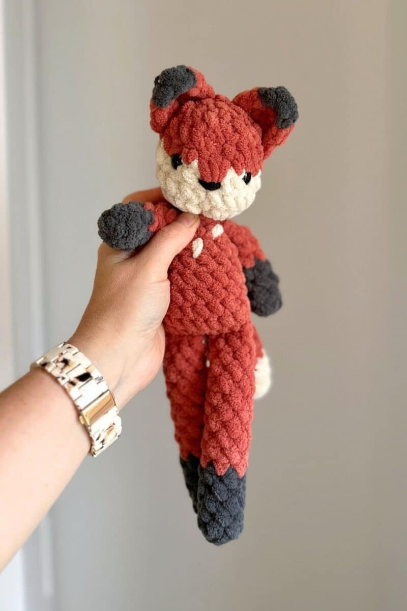 Hand holding an orange crochet fox with black and cream accents.