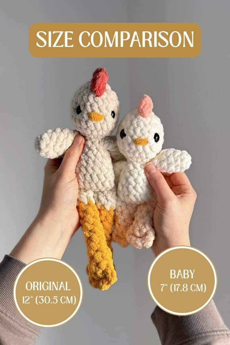 Comparison photo of two crochet chickens, small and large.