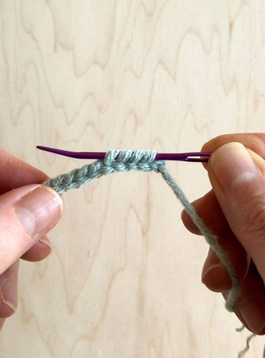 Process photo showing a yarn needle worked through the chain.