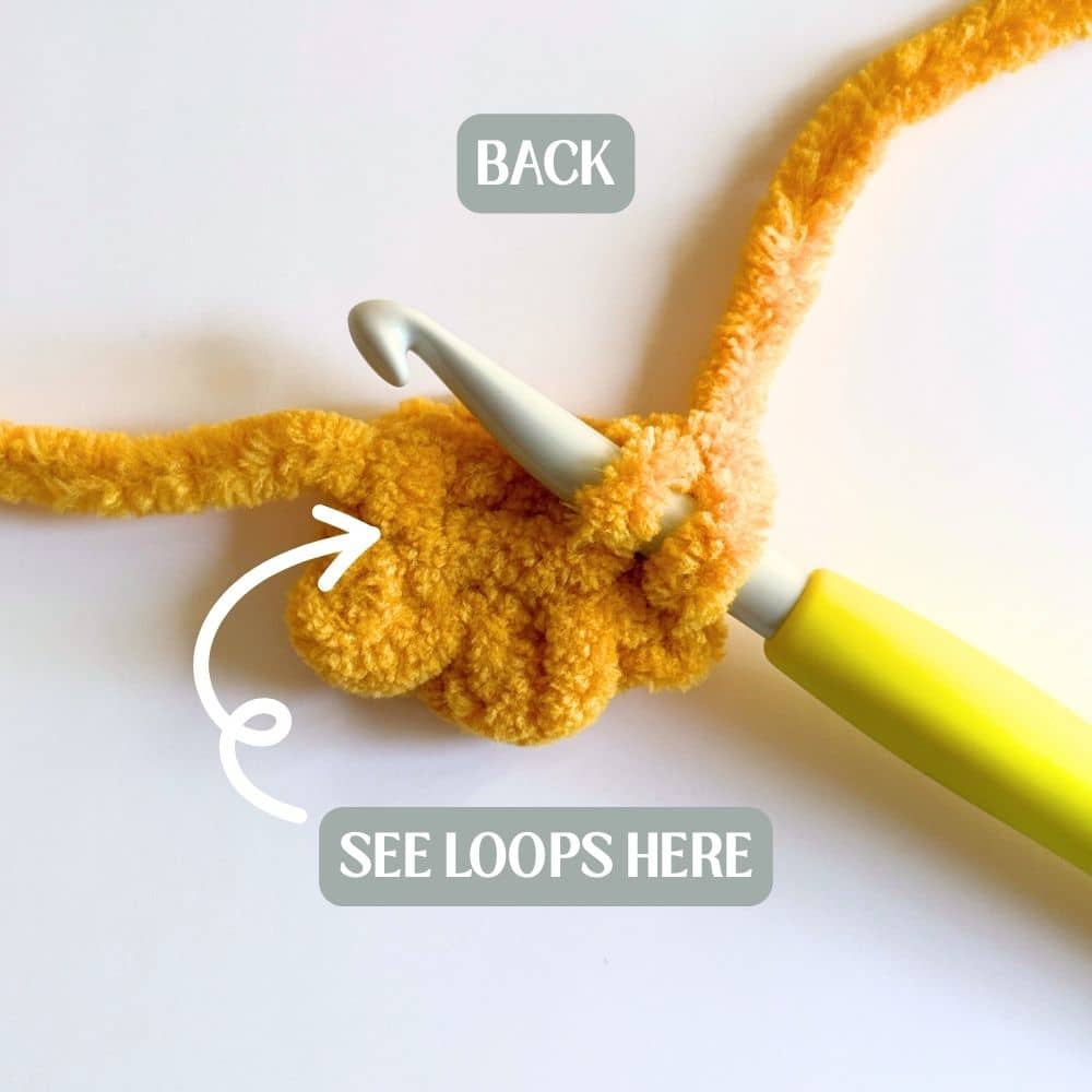 Back side of the chain with labels showing where to place stitches.