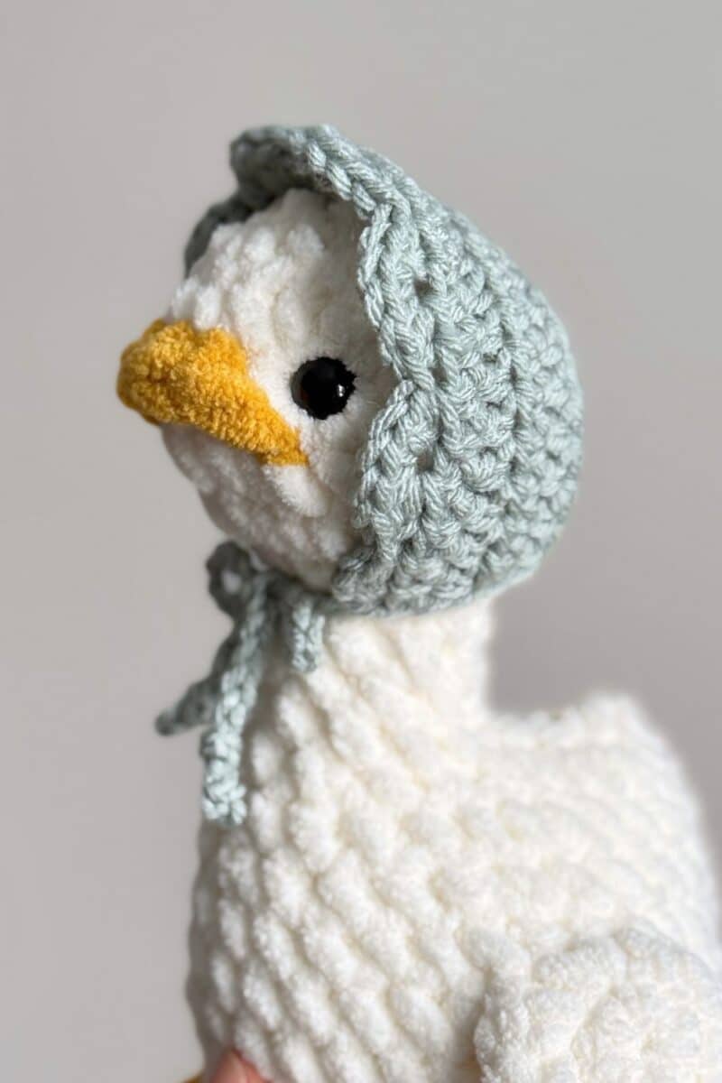Close up of a crochet goose wearing a blue bonnet.