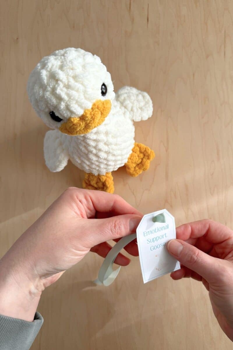 Hands weaving a ribbon through a punched hole on a gift tag.