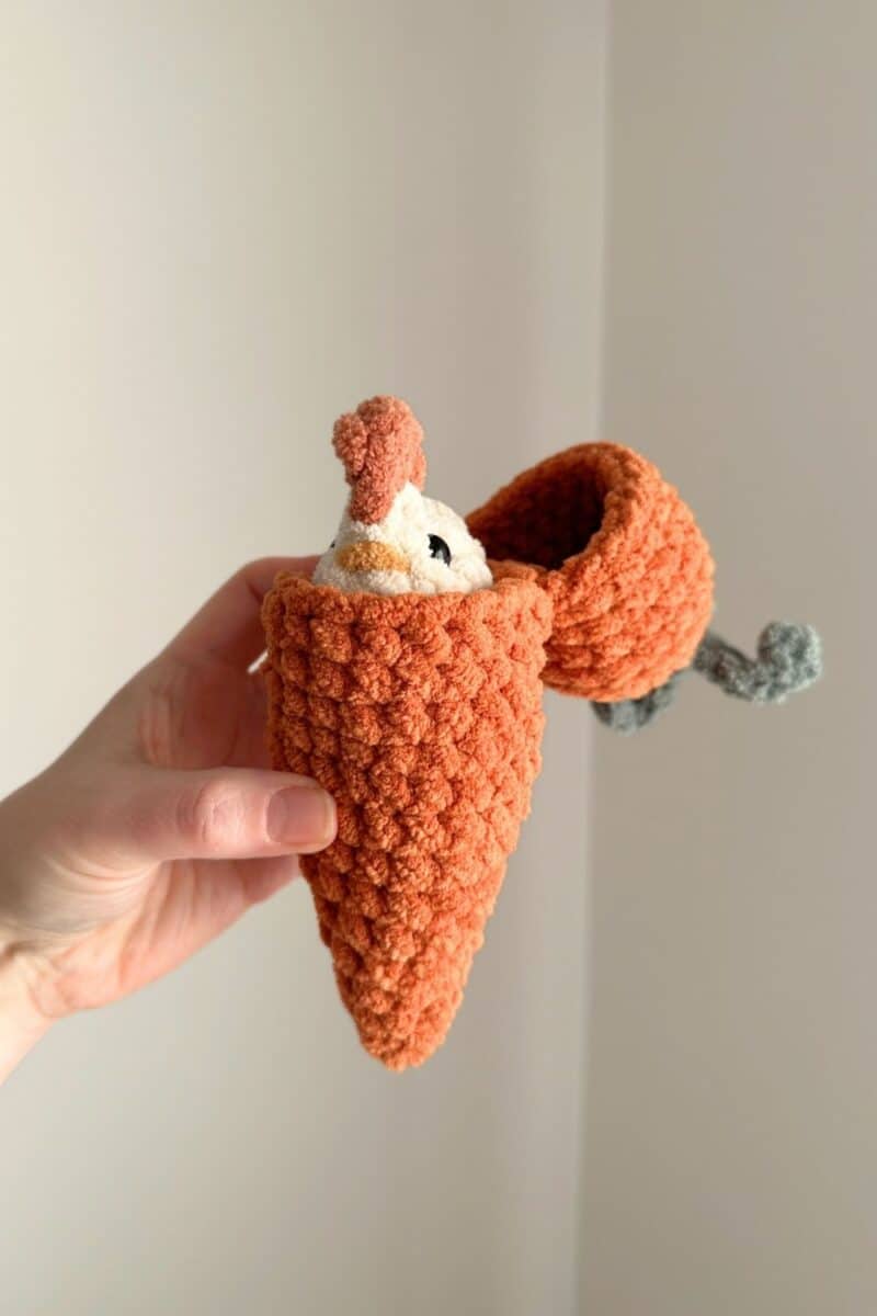 A crochet chicken in a hatching crochet carrot.
