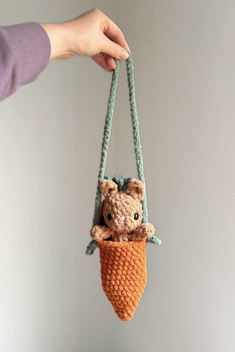 Hand holding a crochet carrot purse of satchel with a crochet bunny inside.