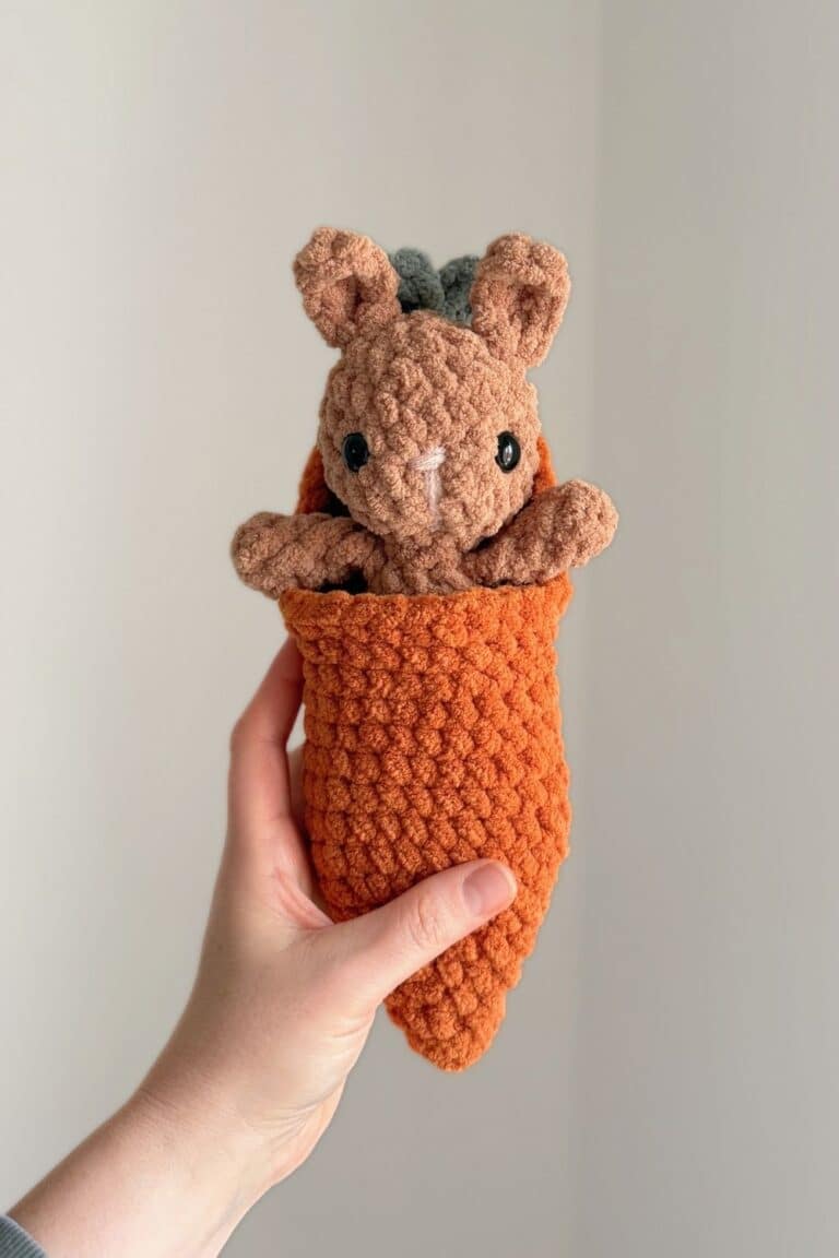 A brown crochet bunny inside a carrot sleeping bag.