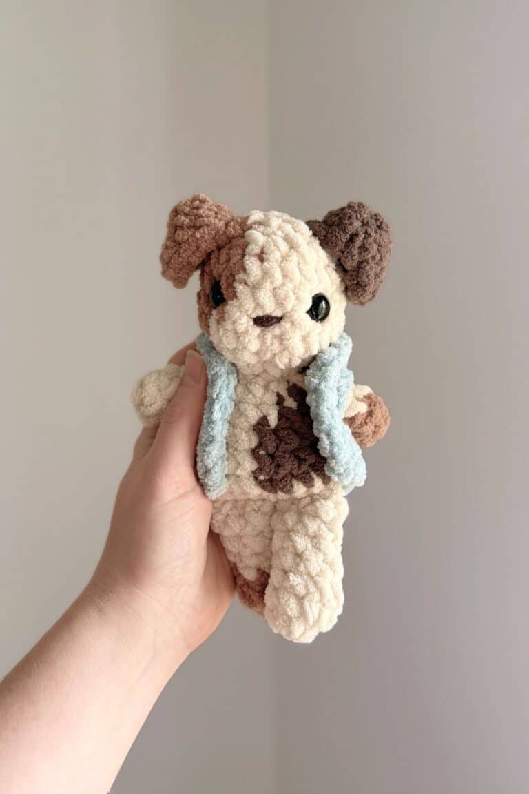 Hand holding a crochet puppy with spots and wearing a crochet vest.