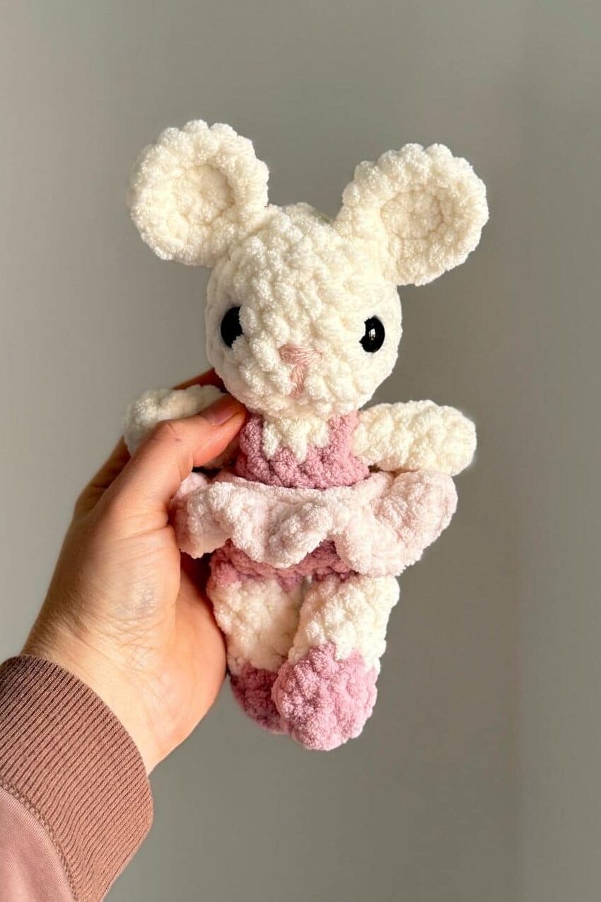 A crochet ballet mouse.