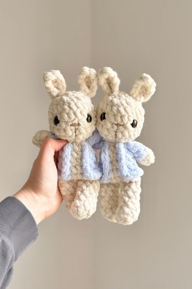 Two crochet Peter Rabbit bunnies.