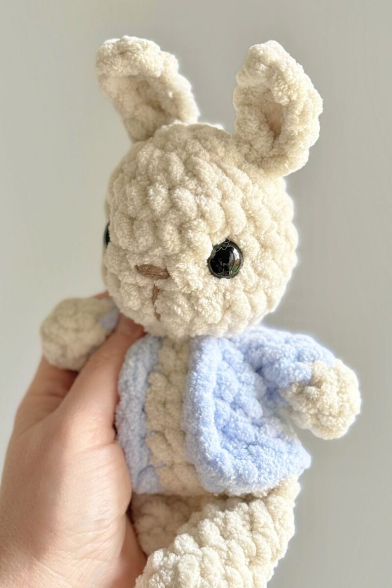 Finished photo of the garden bunny with jacket.