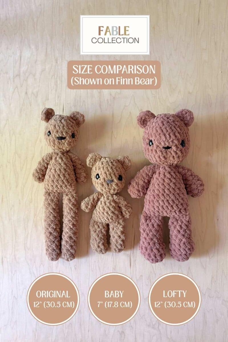 Three different sized and shaped crochet bears with labeling.