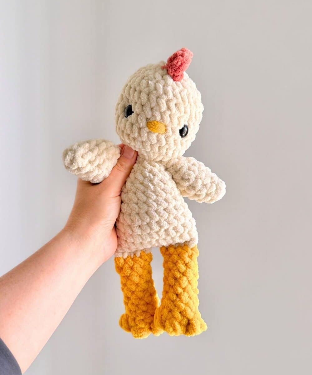A huggable crochet chicken.