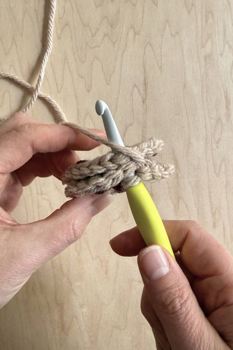 A process photo showing a crochet hook inserted through two layers of the crochet cookies.