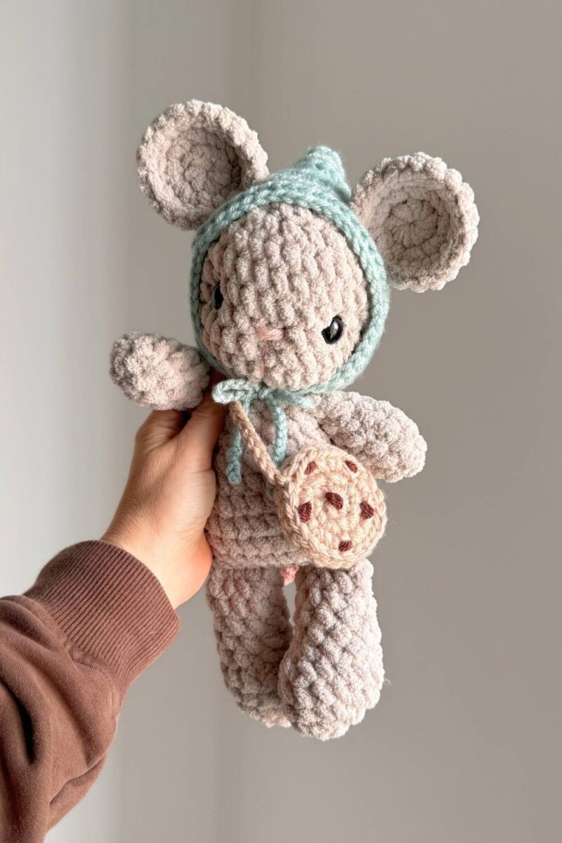 Hand holding a grey crochet mouse wearing her finished crochet cookie purse.